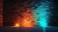 Brick walls and neon light background. Brick walls, neon rays and glow.