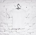 Brick whitewashed wall with white t-shirt on hanger