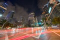 Brickell Avenue business district at night with trailing car lights