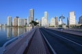 Brickell Key Bridge and City of Miami skyline at sunrise under clear blue sky. Royalty Free Stock Photo