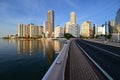 Brickell Key Bridge and City of Miami skyline at sunrise under clear blue sky. Royalty Free Stock Photo