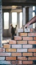 Bricklayer building wall with neatly aligned bricks, indicating a bustling environment. Royalty Free Stock Photo