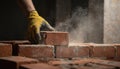 Bricklayer carefully positions red brick in structure. Worker wears yellow glove and gray hard hat on construction site. Hands Royalty Free Stock Photo