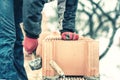 Bricklayer construction engineer fixing bricks and building walls at new house on a cold winter day Royalty Free Stock Photo