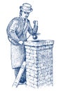 Bricklayer or Man builder on the roof of the house. Gentleman mason, worker in coat and hat. 20th year, hand drawn retro