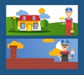 Bricklayer and painter flat cartoon characters with tools working on construction vector illustration for banner. Royalty Free Stock Photo