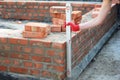 Bricklayer Using a Spirit Level to Check Bricklaying Wall Outdoors. Bricklaying Basics Masonry Techniques