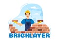 Bricklayer Worker Illustration with People Construction and Laying Bricks for Building a Wall in Flat Cartoon Hand Drawn