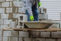 Bricklayers hands with in masonry bricklaying new house wall on foundation Royalty Free Stock Photo