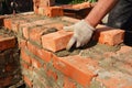 Bricklayers hands in masonry gloves bricklaying house wall. Bricklaying, Masonry, Brickwork close up