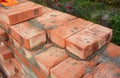 Bricklaying, Brickwork. Close up Bricklaying on House Construction Site. 3 Bricks wall thickness, blocks. Royalty Free Stock Photo