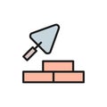 Bricks with building trowel, brickwork flat color line icon.