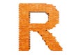 Bricks font, letter R from building bricks. 3D rendering