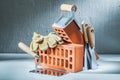 Bricks gloves and plastering tools on concrette Royalty Free Stock Photo