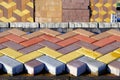 Bricks of pavement at construction site. Warehouse paving slabs