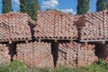 Bricks stacked diagonally in rows with two columns on wooden pallets set on top of each other in two levels among grass. Royalty Free Stock Photo