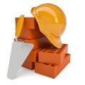 Bricks, trowel and a helmet Royalty Free Stock Photo