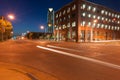 Bricktown heritage buildings at night with modern Devon Energy Center high-rise in distance, Oklahoma City, Oklahoma on Route 66