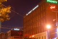 Bricktown Spaghetti Warehouse building at night illuninated signs, Oklahoma City, Oklahoma on Route 66