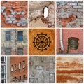 Brickwork and brick walls with windows, antique chandelier and a hole in the masonry