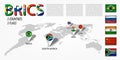 BRICS . association of 5 countries brazil . russia . india . china . south africa . Perspective world map and GPS navigator lo