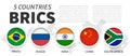 BRICS . Association of 5 countries . Simple circle flag with frame . White isolated background and country map . Vector Royalty Free Stock Photo