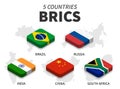 BRICS flag . association of 5 countries and map on white background . Isometric top design . Vector