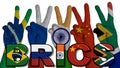 BRICS: 5 Hands in victory sign with flags of member countries, on a white background Royalty Free Stock Photo