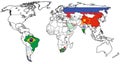 BRICS member countries and candidates territory on world map