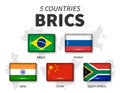 BRICS and membership flag . Association of 5 countries . Round angle rectangle shiny button and country map background of member