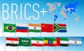 BRICS Plus organization, waving flags of the countries and map