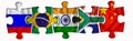 BRICS. Russia, Brazil, India, South african, China flags on three puzzle pieces on a white isolated background. The concept of