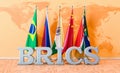 BRICS summit meeting concept, flags of all members BRICS in room. 3D rendering Royalty Free Stock Photo