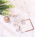 Bridal accessories and banner add with flowers Royalty Free Stock Photo