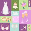 Bridal accessories pattern vector illustration. Items for wedding ceremony. Marriage elements dress, shoes, bouquet