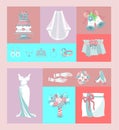 Bridal accessories set of banners vector illustration. Items for wedding ceremony. Marriage elements dress, shoes