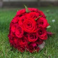 Beautiful bridal bouquet from red roses on grass outdoors Royalty Free Stock Photo