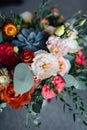 Bridal bouquet. The bride`s bouquet. Beautiful bouquet of white, blue, pink flowers and greenery Royalty Free Stock Photo