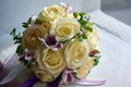 Bridal bouquet. The bride`s bouquet of white, blue, pink flowers Royalty Free Stock Photo