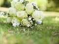 Bridal bouquet on grass at the park Royalty Free Stock Photo