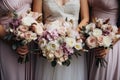 Bridal bouquet in hands of the bride and groom, Wedding flowers, bride and bridesmaids holding their bouquets at wedding day, AI Royalty Free Stock Photo