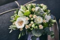 Bridal bouquet lie on a sofa. Wedding acsessories