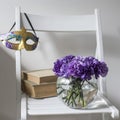 Bridal bouquet of lilac carnations in a round glass vase