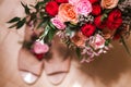 Bridal bouquet posy with wedding shoes Royalty Free Stock Photo