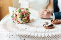 Bridal bouquet with roses and purple flowers Royalty Free Stock Photo