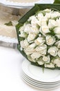 Bridal bouquet and wedding cake Royalty Free Stock Photo
