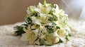 Bridal Bouquet of White Flowers on Bed Royalty Free Stock Photo