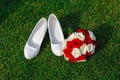 Bridal bouquet and white shoes bride Royalty Free Stock Photo