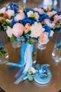 Bridal bouquets with creamy roses and peonies and blue hydrangeas. Wedding morning. Close-up Royalty Free Stock Photo