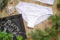 Bridal Christmas lace lingerie set. White bra and panties set on